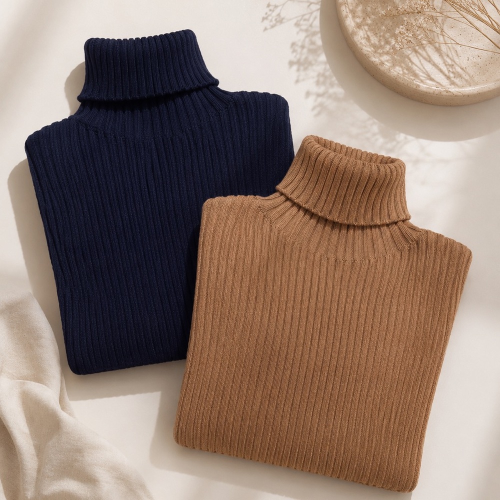 Ribbed Turtleneck Sweater Duo in Navy & Camel